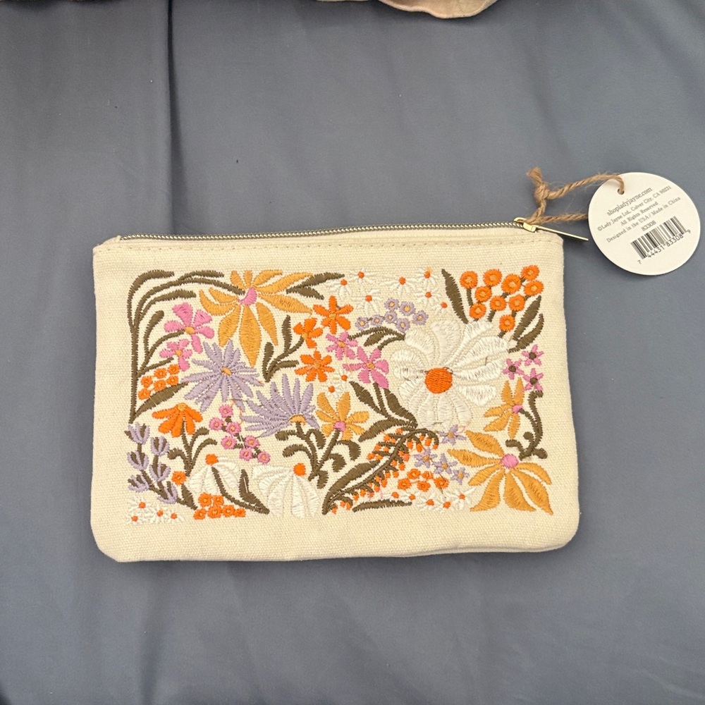 Embroidered Floral Cosmetic Bag - Cream, Orange, Purple